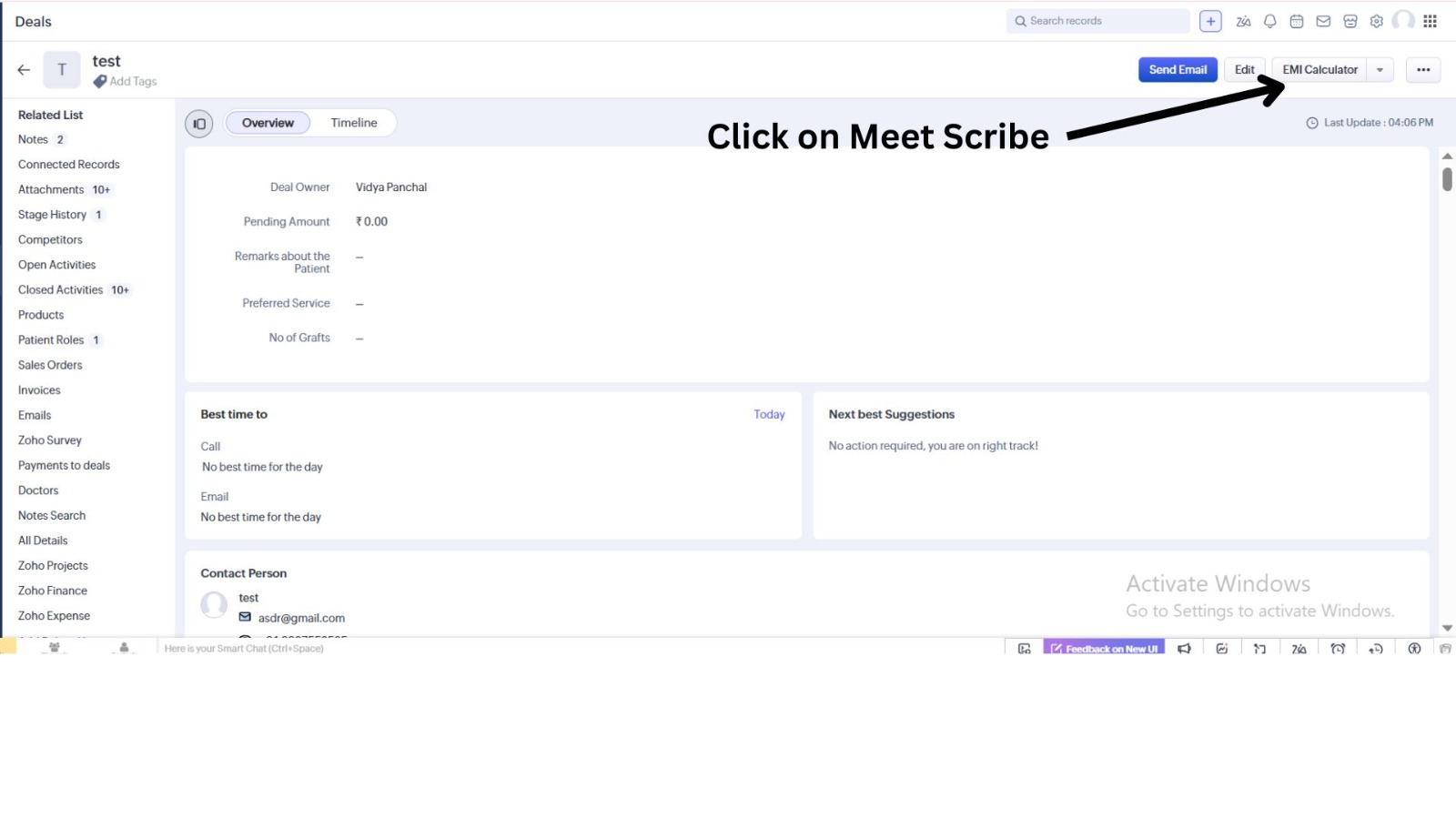 Zoho CRM Deal record page with arrow pointing to the dropdown next to the action button — labelled 'Click on Meet Scribe'
