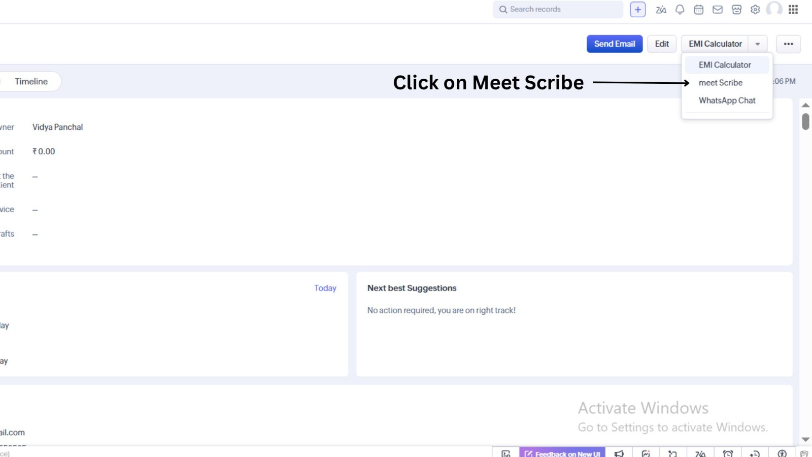 Dropdown menu opened showing 'EMI Calculator', 'meet Scribe', and 'WhatsApp Chat' — arrow pointing to 'meet Scribe'