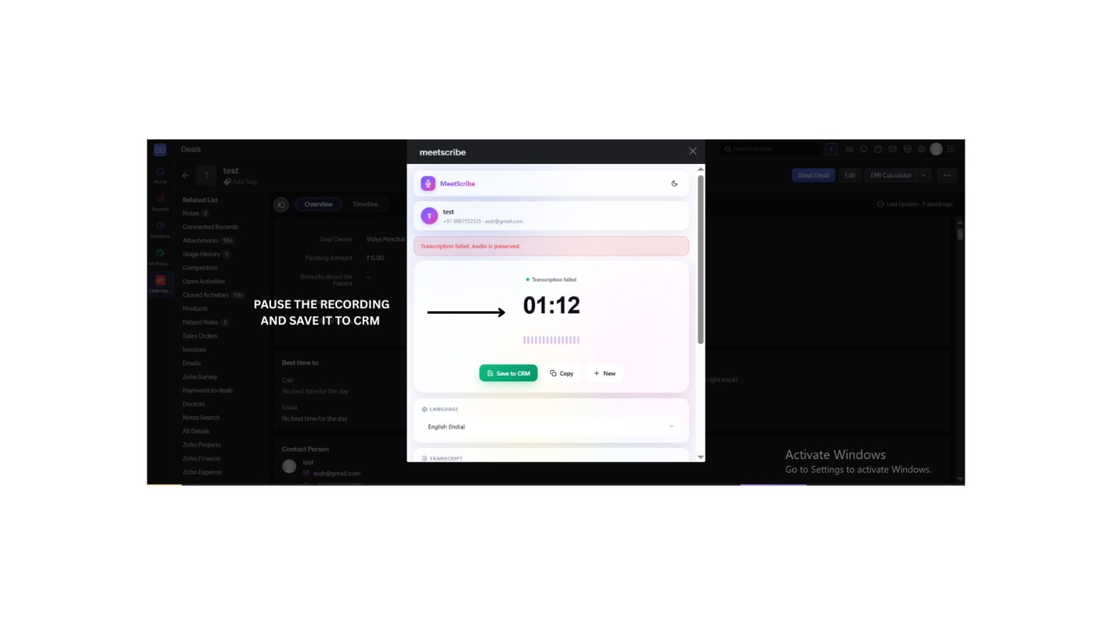 MeetScribe widget after stopping, showing timer at 01:12 and three buttons: Save to CRM, Copy, and New — arrow labelled 'Pause the recording and save it to CRM'