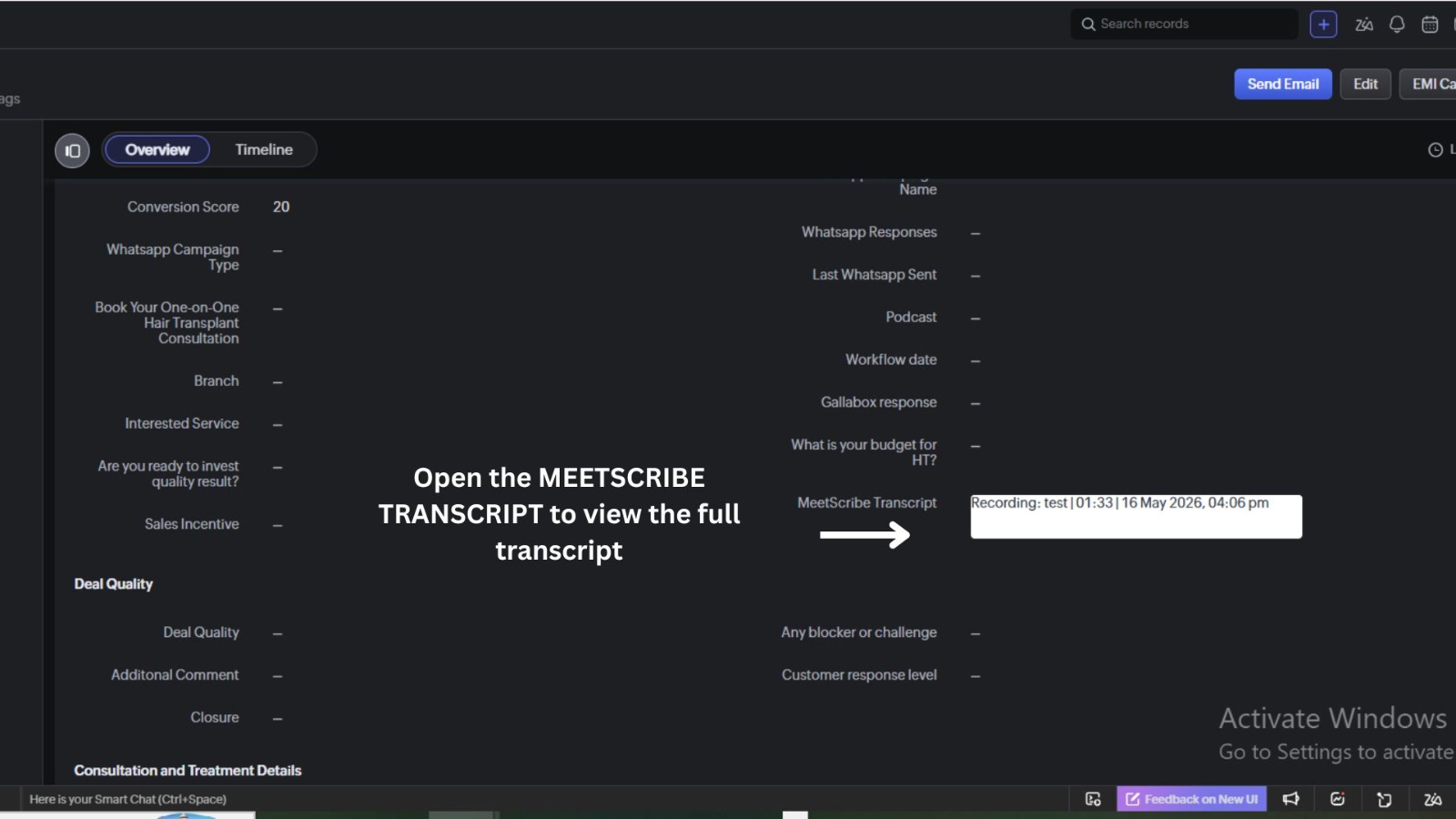 Zoho CRM record detail showing the 'MeetScribe Transcript' field populated with 'Recording: test | 01:33 | 16 May 2026, 04:06 pm'